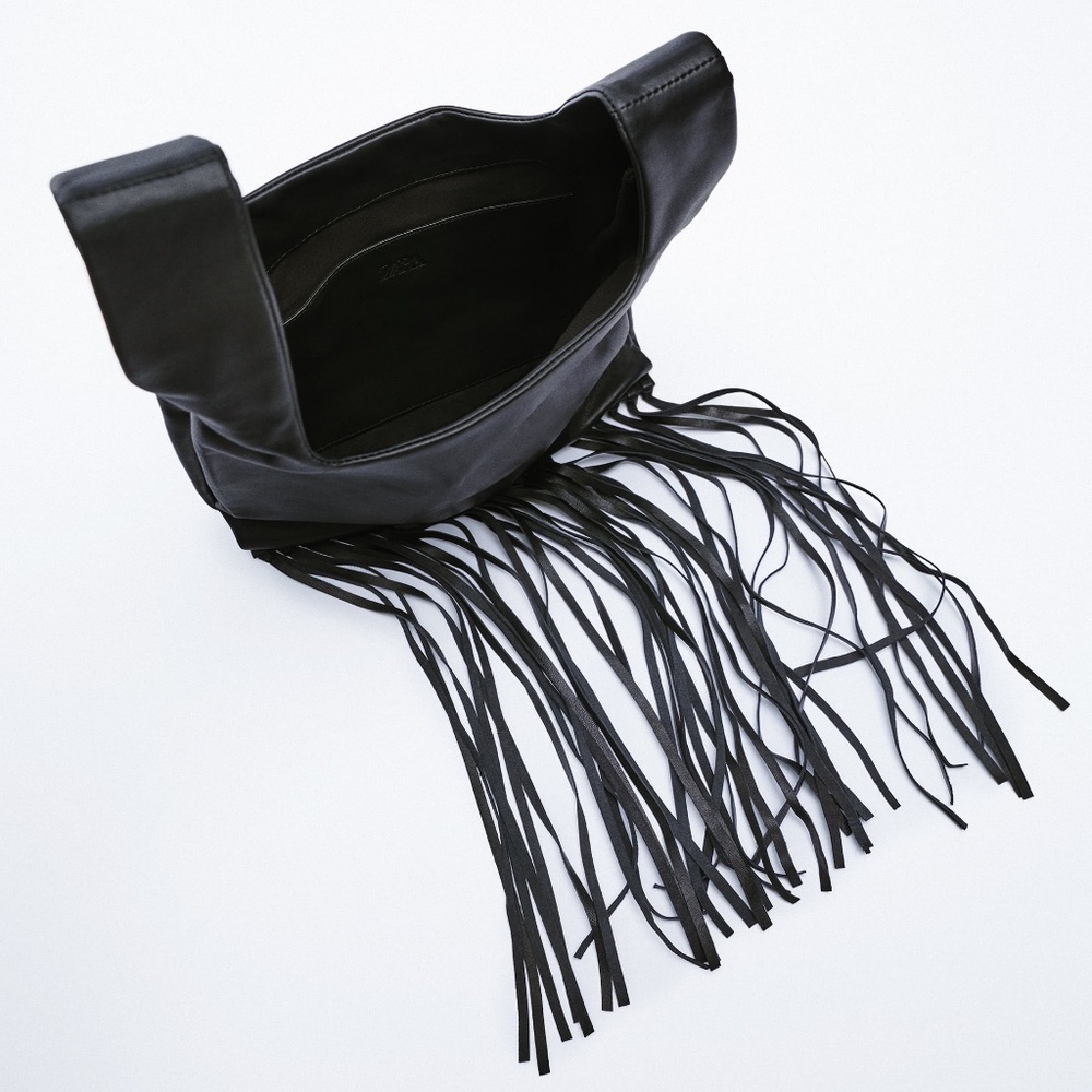 ZARA Fringed Leather Handbag Black BNWT - Picture 4 of 6